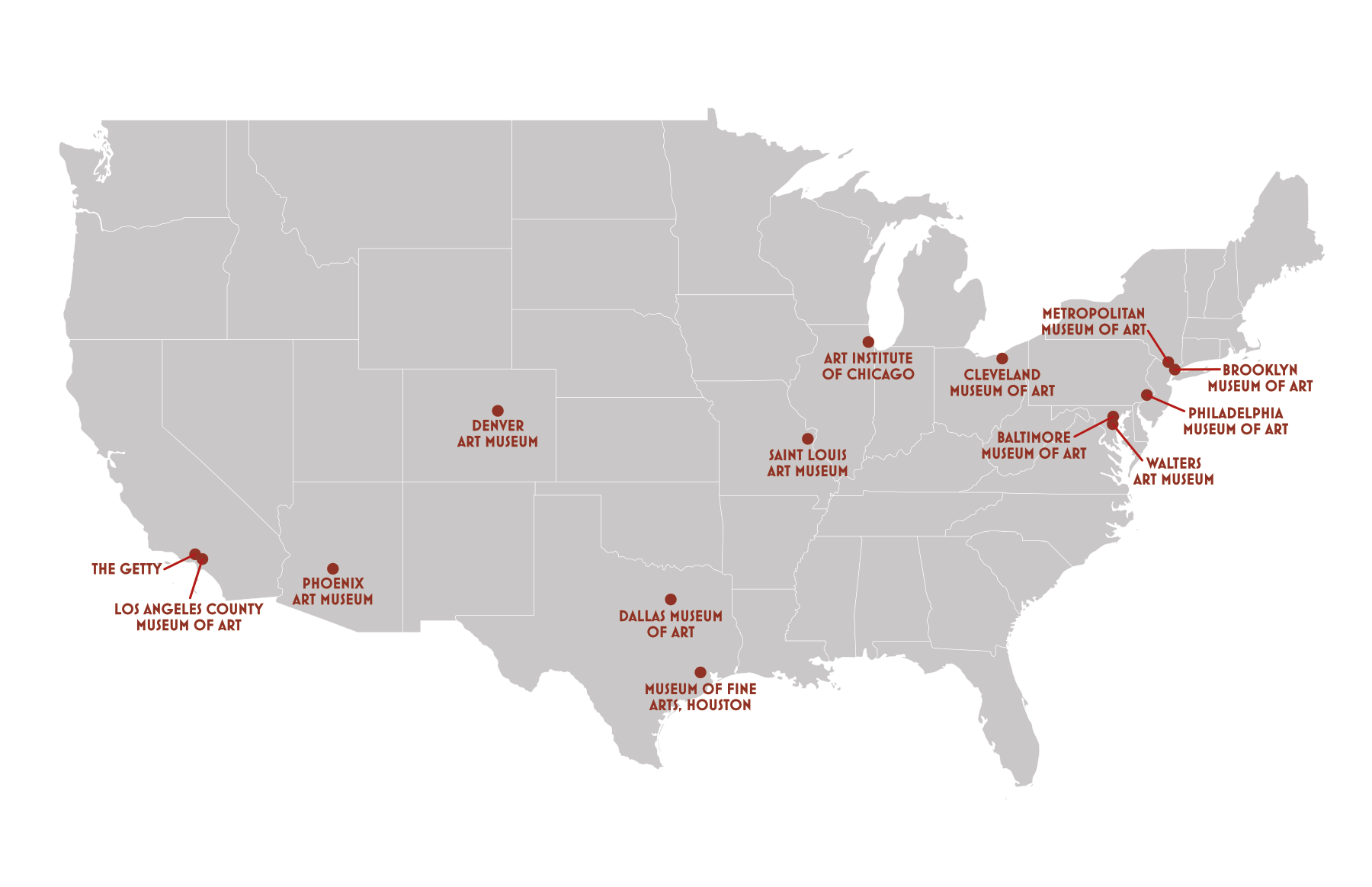 A map of the United States with museums and their locations marked. Denver is located far away from comparable collections.