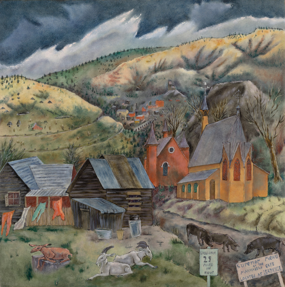 A town scene with farm animals grazing and lounging in front of homes and a synagogue and church in the middle ground. In the background, more buildings nestle into the mountainous terrain.