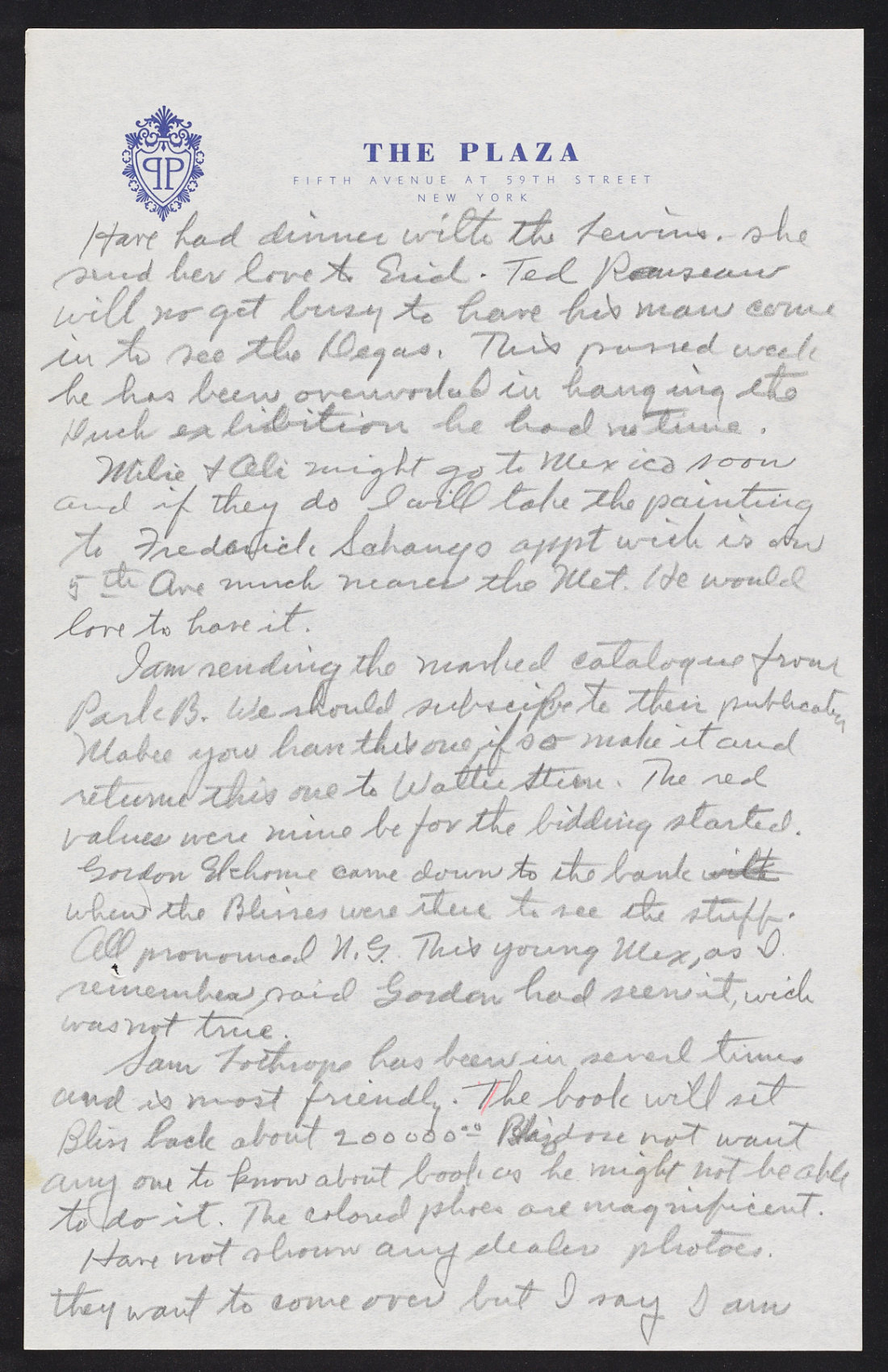 Handwritten letter on white paper with The Plaza letterhead at top.