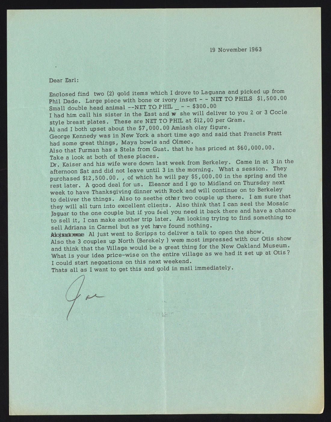 typed letter on white-bluish paper with handwritten signature