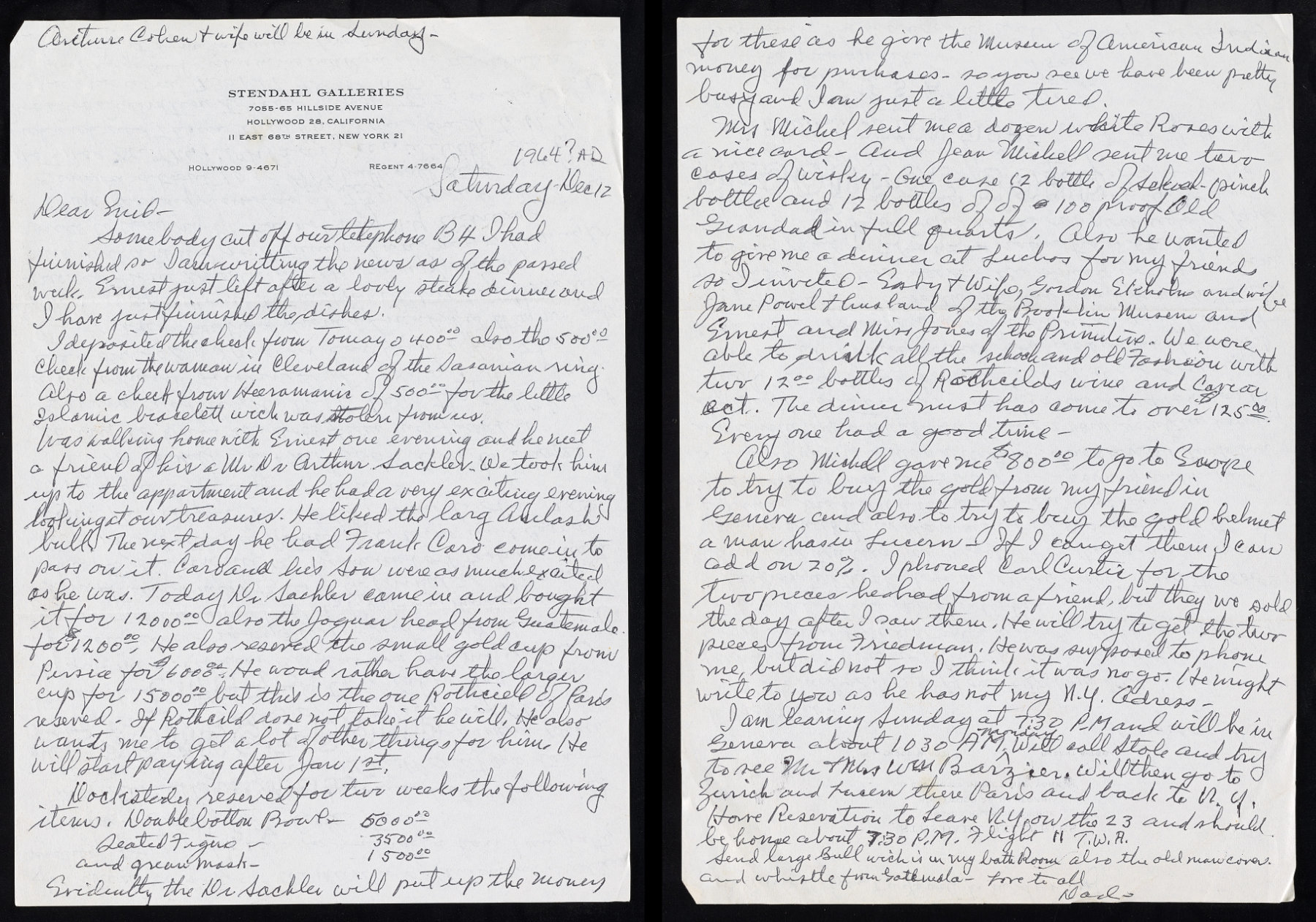 Handwritten letter on white paper with Stendahl Galleries letterhead