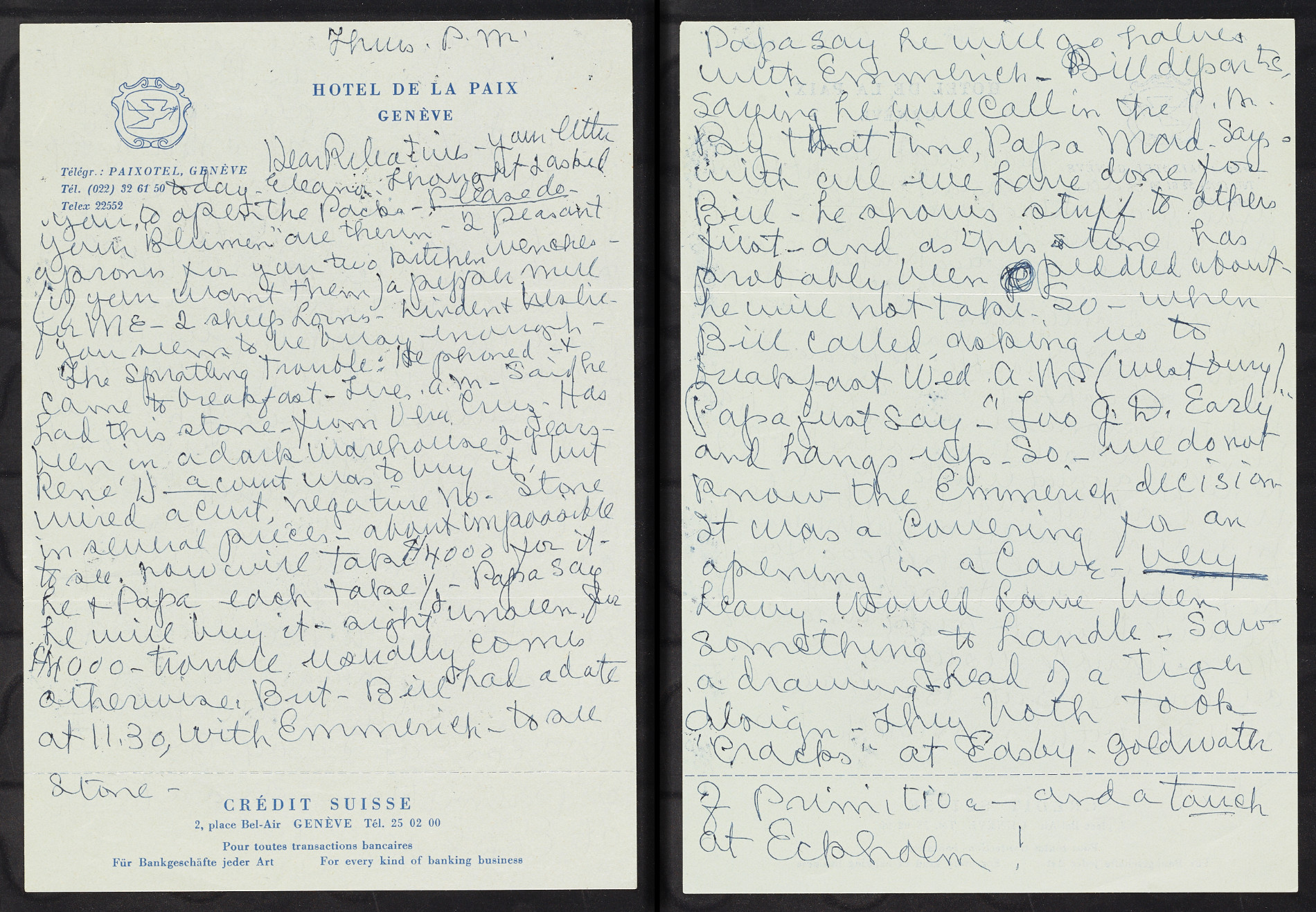 Handwritten letter on white paper with Hotel de la Paix Geneve letterhead.