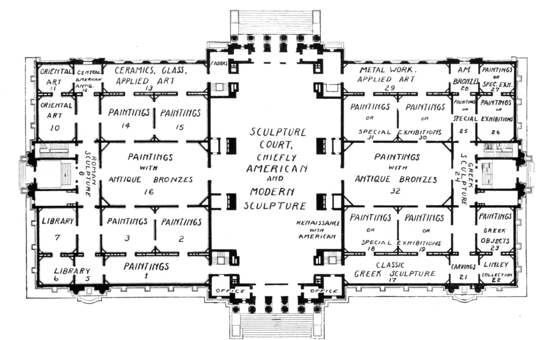 A museum floorplan with each gallery labeled, including gallery number 12, Central American Antiquities, in the upper left, located between the Oriental Art and the Ceramics, Glass, and Applied Art galleries.